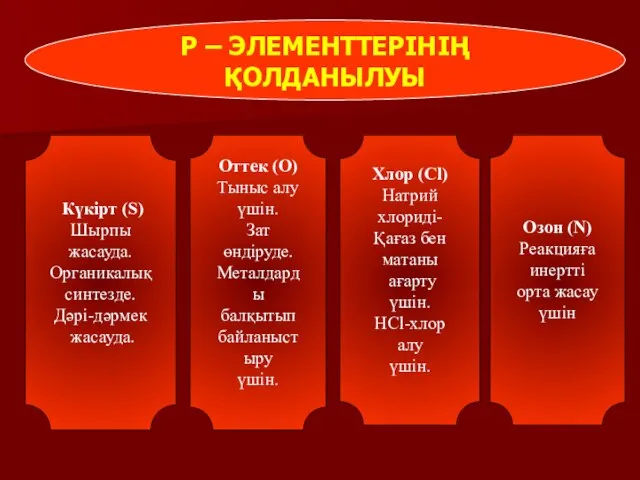 P – ЭЛЕМЕНТТЕРІНІҢ ҚОЛДАНЫЛУЫ Оттек (O) Тыныс алу үшін. Зат өндіруде.