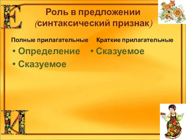 Роль в предложении (синтаксический признак) Полные прилагательные Определение Сказуемое Краткие прилагательные Сказуемое