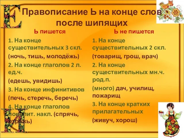 Правописание Ь на конце слов после шипящих Ь пишется 1. На