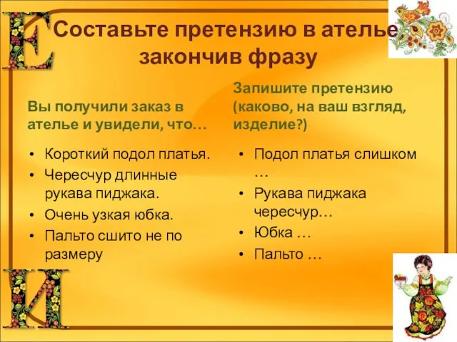 Составьте претензию в ателье, закончив фразу Вы получили заказ в ателье