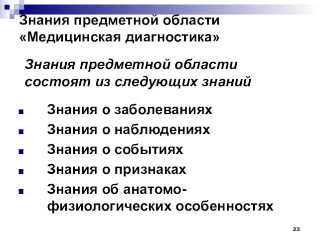 Знания предметной области «Медицинская диагностика» Знания о заболеваниях Знания о наблюдениях