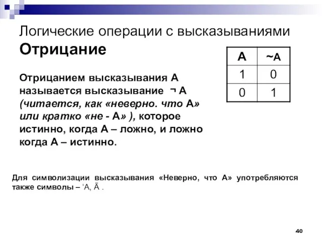 Логические операции с высказываниями Отрицание Отрицанием высказывания A называется высказывание ¬