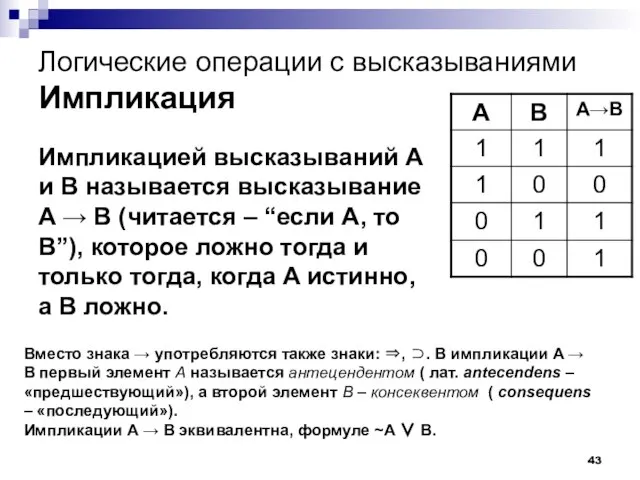 Логические операции с высказываниями Импликация Импликацией высказываний A и B называется