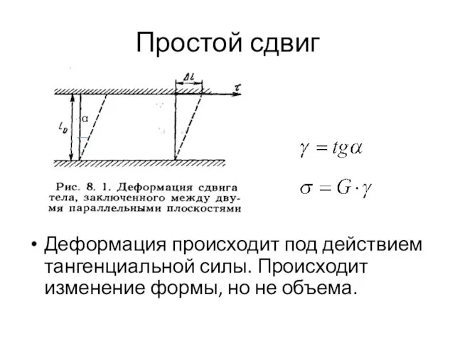 Простой сдвиг Деформация происходит под действием тангенциальной силы. Происходит изменение формы, но не объема. α