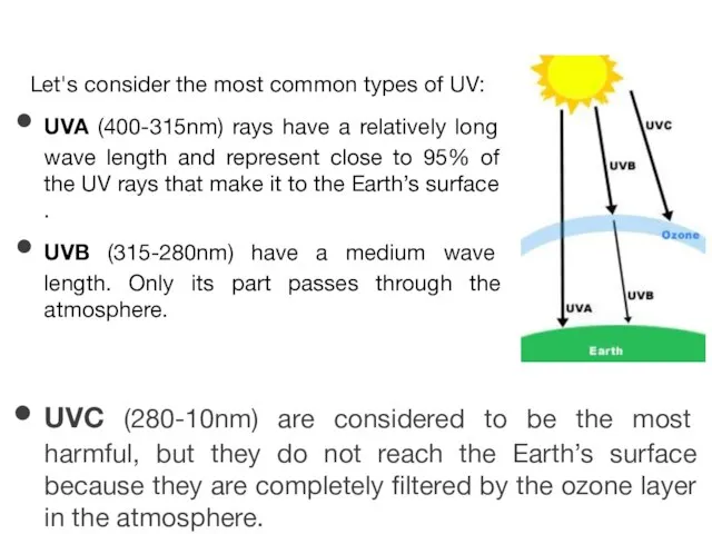 Let's consider the most common types of UV: UVA (400-315nm) rays