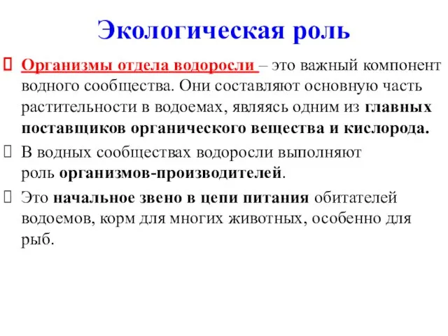 Экологическая роль Организмы отдела водоросли – это важный компонент водного сообщества.