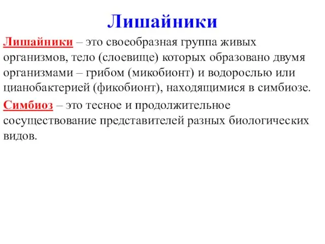 Лишайники Лишайники – это своеобразная группа живых организмов, тело (слоевище) которых