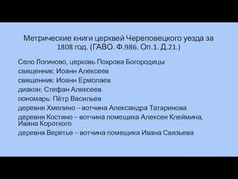 Метрические книги церквей Череповецкого уезда за 1808 год. (ГАВО. Ф.986. Оп.1.