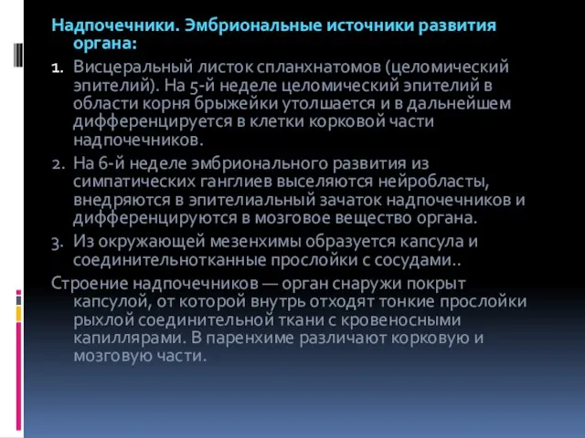 Надпочечники. Эмбриональные источники развития органа: 1. Висцеральный листок спланхнатомов (целомический эпителий).