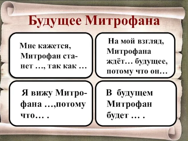 Будущее Митрофана Мне кажется, Митрофан ста-нет …, так как … На