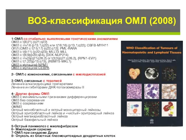 ВОЗ-классификация ОМЛ (2008) 1-ОМЛ со стабильно выявляемыми генетическими аномалиями ОМЛ с