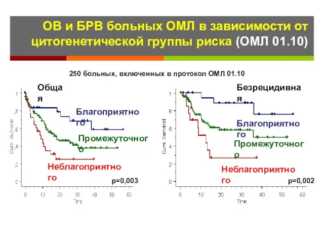 ОВ и БРВ больных ОМЛ в зависимости от цитогенетической группы риска