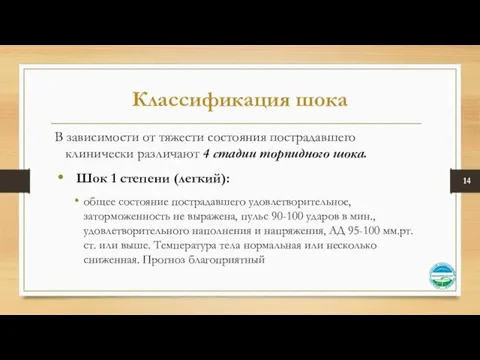 Классификация шока В зависимости от тяжести состояния пострадавшего клинически различают 4