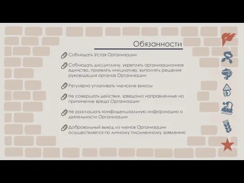 Обязанности Соблюдать Устав Организации Соблюдать дисциплину, укреплять организационное единство, проявлять инициативу,