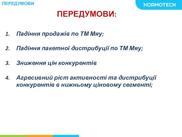 ПЕРЕДУМОВИ: Падіння продажів по ТМ Мяу; Падіння пакетної дистрибуції по ТМ