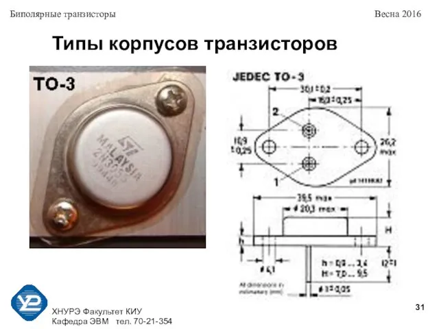 ХНУРЭ Факультет КИУ Кафедра ЭВМ тел. 70-21-354 Биполярные транзисторы Весна 2016 Типы корпусов транзисторов