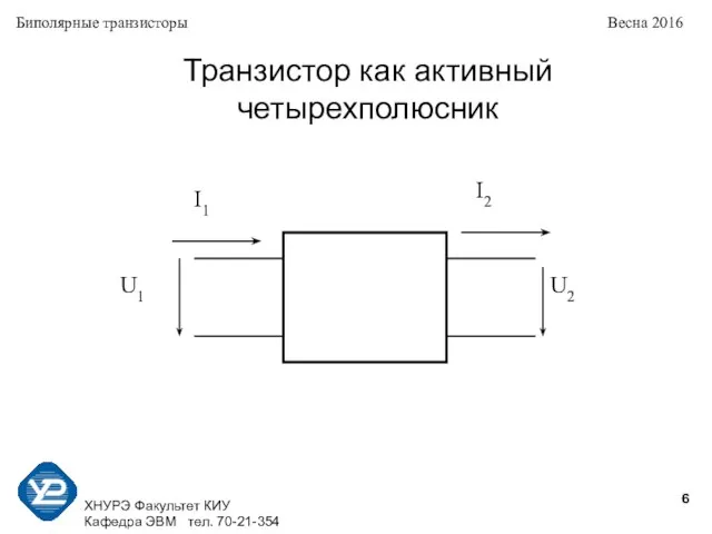 ХНУРЭ Факультет КИУ Кафедра ЭВМ тел. 70-21-354 Биполярные транзисторы Весна 2016 Транзистор как активный четырехполюсник