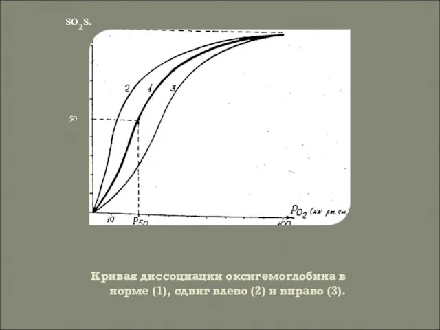 Кривая диссоциации оксигемоглобина в норме (1), сдвиг влево (2) и вправо (3). so2s. 50