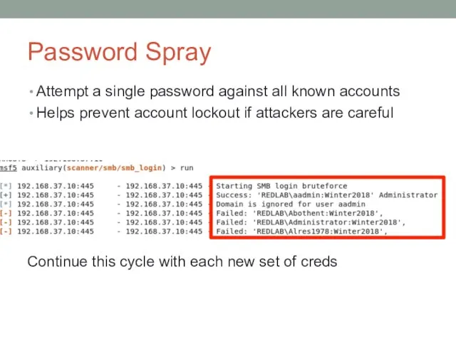 Password Spray Attempt a single password against all known accounts Helps