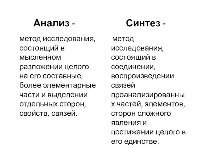 Анализ - метод исследования, состоящий в мысленном разложении целого на его