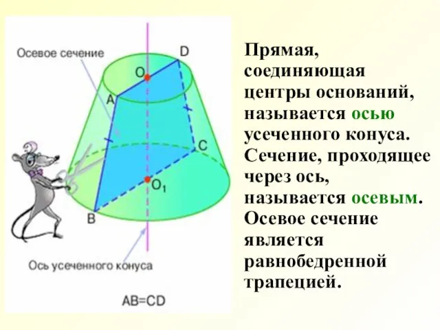 Прямая, соединяющая центры оснований, называется осью усеченного конуса. Сечение, проходящее через