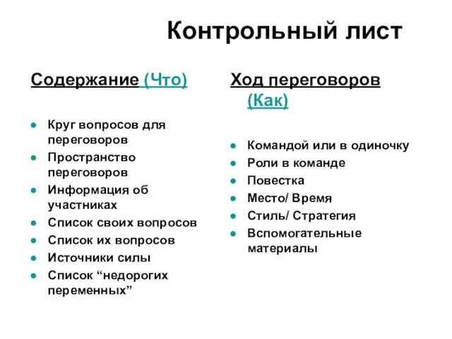 Содержание (Что) Круг вопросов для переговоров Пространство переговоров Информация об участниках