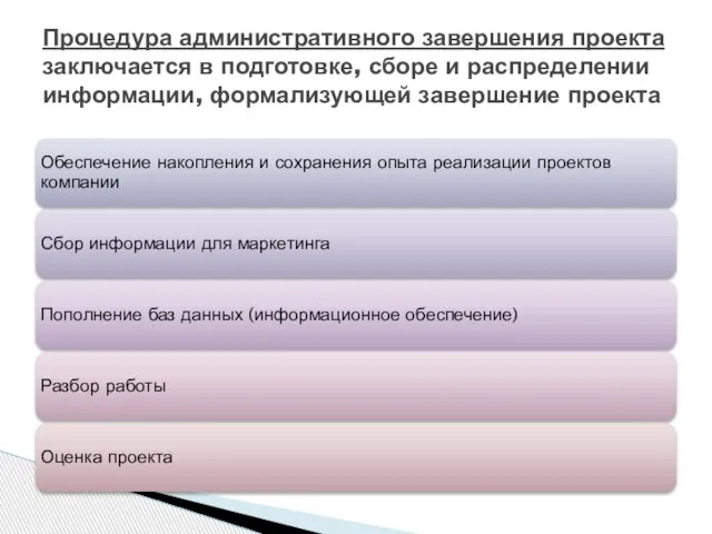 Процедура административного завершения проекта заключается в подготовке, сборе и распределении информации, формализующей завершение проекта