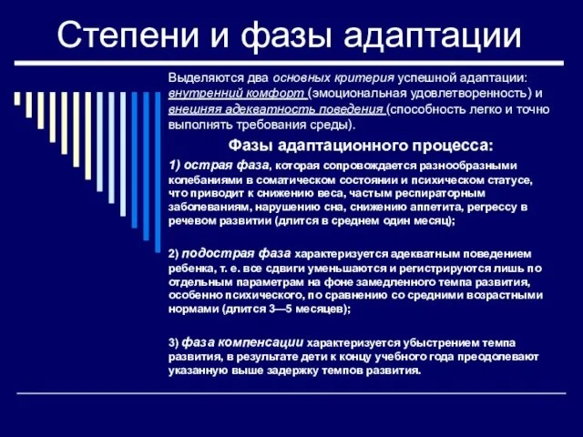 Степени и фазы адаптации Выделяются два основных критерия успешной адаптации: внутренний