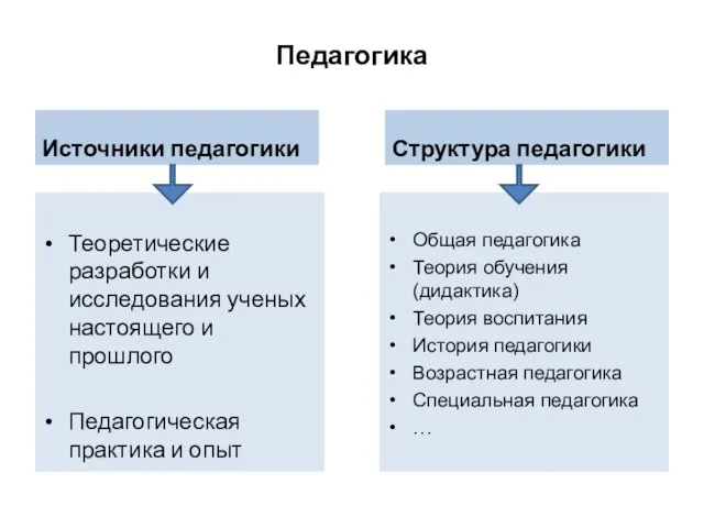 Педагогика Источники педагогики Теоретические разработки и исследования ученых настоящего и прошлого