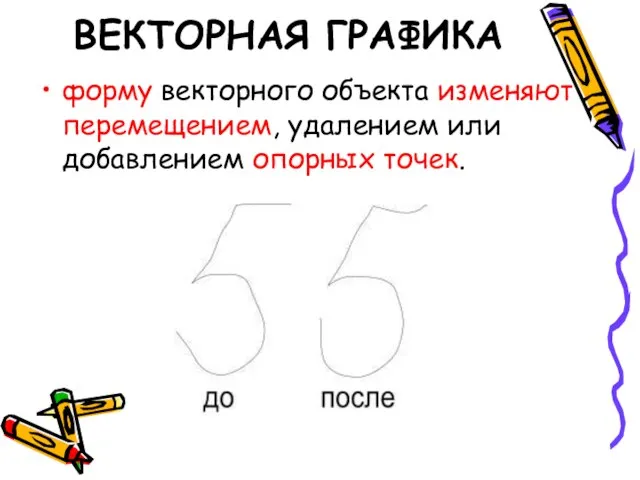 форму векторного объекта изменяют перемещением, удалением или добавлением опорных точек. ВЕКТОРНАЯ ГРАФИКА