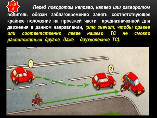 Перед поворотом направо, налево или разворотом водитель обязан заблаговременно занять соответствующее