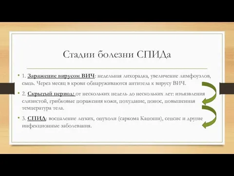 Стадии болезни СПИДа 1. Заражение вирусом ВИЧ: недельная лихорадка, увеличение лимфоузлов,