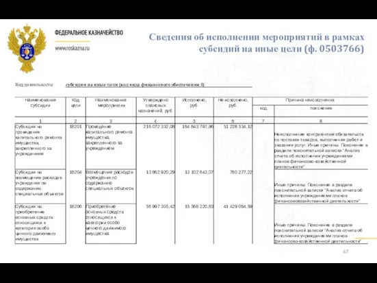 Сведения об исполнении мероприятий в рамках субсидий на иные цели (ф. 0503766)