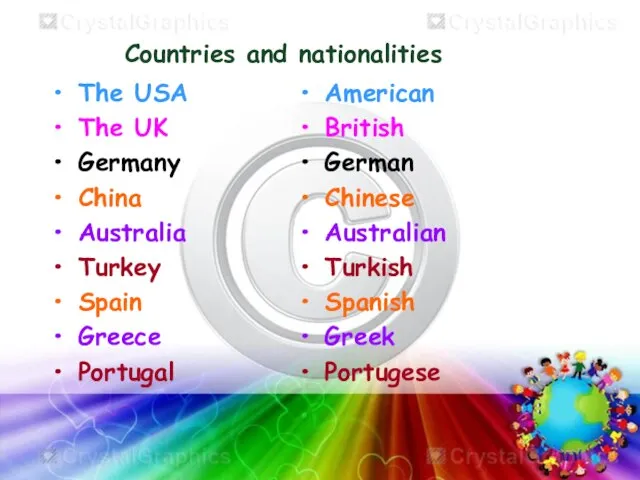 Countries and nationalities The USA The UK Germany China Australia Turkey