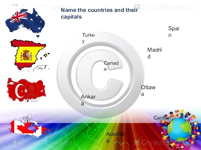 Name the countries and their capitals Australia Canberra Turkey Ankara Canada Ottawa Spain Madrid