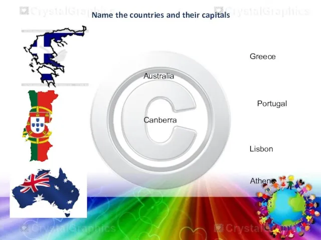 Name the countries and their capitals Greece Portugal Lisbon Athens Australia Canberra
