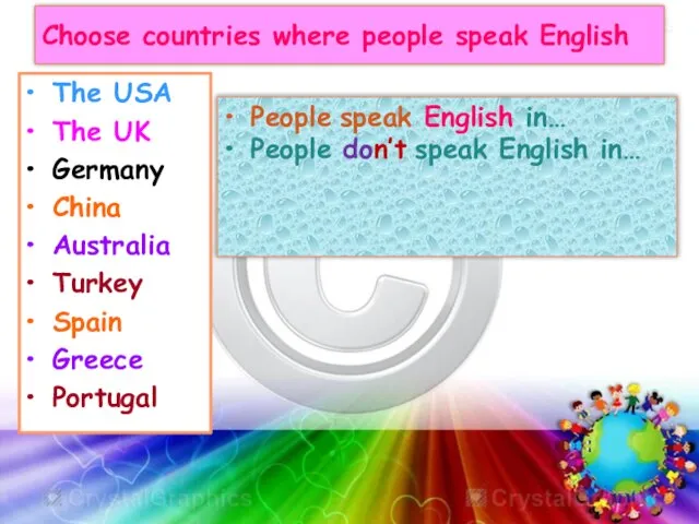 Choose countries where people speak English The USA The UK Germany