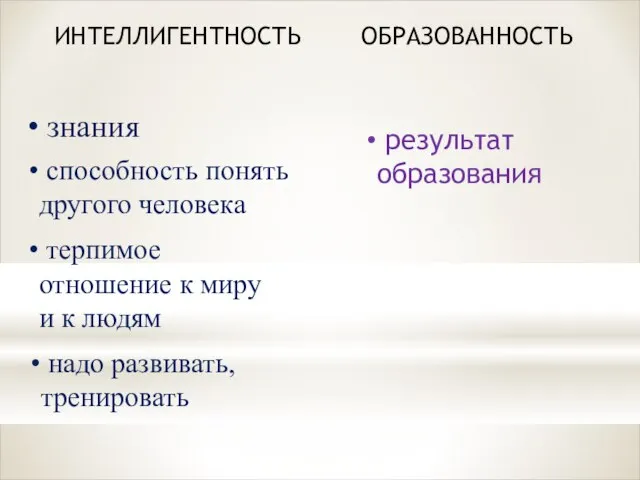 ИНТЕЛЛИГЕНТНОСТЬ ОБРАЗОВАННОСТЬ терпимое отношение к миру и к людям знания способность