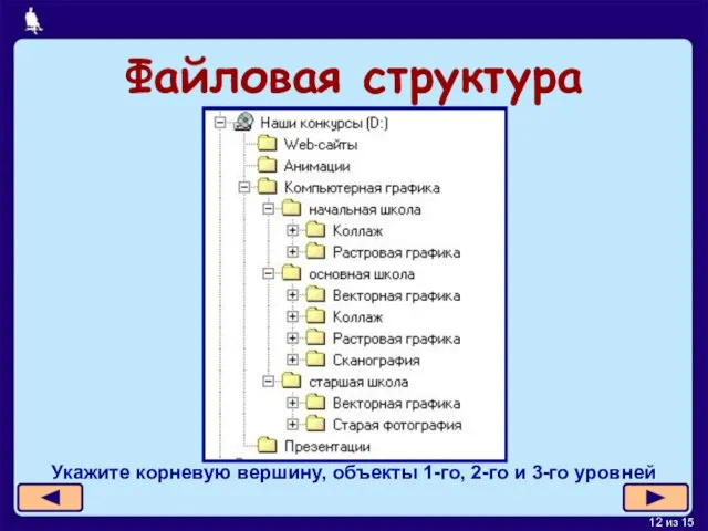 Файловая структура Укажите корневую вершину, объекты 1-го, 2-го и 3-го уровней