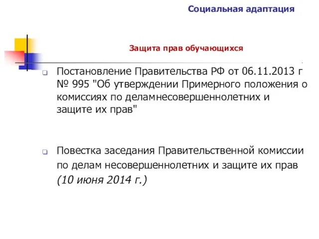 Социальная адаптация Защита прав обучающихся Постановление Правительства РФ от 06.11.2013 г