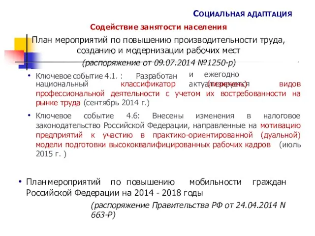 СОЦИАЛЬНАЯ АДАПТАЦИЯ Содействие занятости населения План мероприятий по повышению производительности труда,