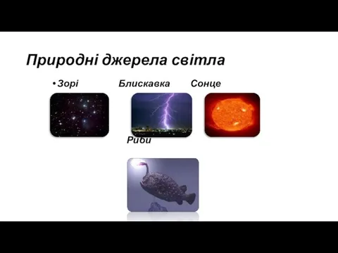 Природні джерела світла Зорі Блискавка Сонце Риби