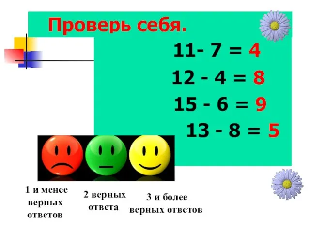 Проверь себя. 11- 7 = 4 12 - 4 = 8