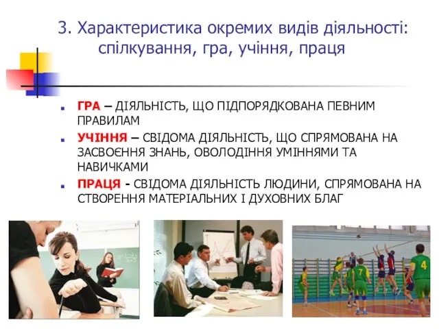 3. Характеристика окремих видів діяльності: спілкування, гра, учіння, праця ГРА –