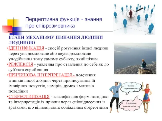 Перцептивна функція - знання про співрозмовника ЕТАПИ МЕХАНІЗМУ ПІЗНАННЯ ЛЮДИНИ ЛЮДИНОЮ