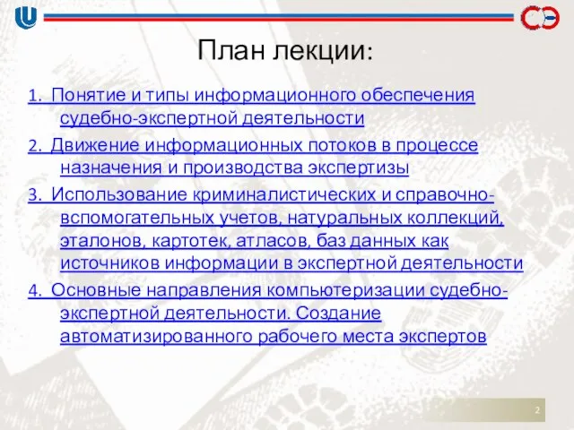 План лекции: 1. Понятие и типы информационного обеспечения судебно-экспертной деятельности 2.