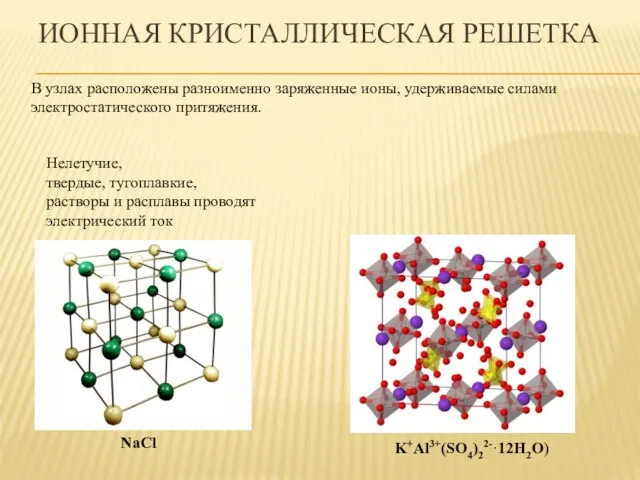 ИОННАЯ КРИСТАЛЛИЧЕСКАЯ РЕШЕТКА K+Al3+(SO4)22-·12H2O) NaCl В узлах расположены разноименно заряженные ионы,