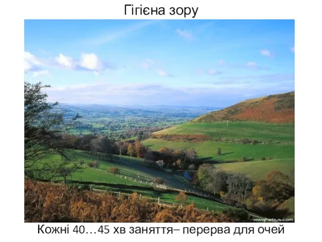 Гігієна зору Кожні 40…45 хв заняття– перерва для очей