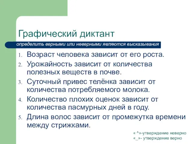 Графический диктант Возраст человека зависит от его роста. Урожайность зависит от