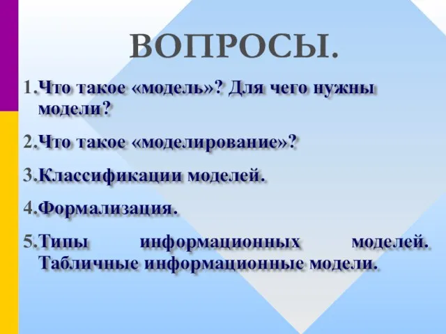 ВОПРОСЫ. Что такое «модель»? Для чего нужны модели? Что такое «моделирование»?